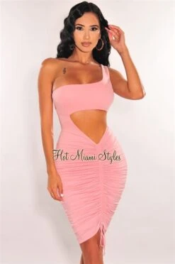 Blush One Shoulder Cut Out Ruched Dress