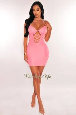Blush Satin Spaghetti Straps Padded Underwire Lace Up Cut Out Mini Dress -Miamis Style Shop blush satin spaghetti straps padded underwire lace up cut out mini dress hot miami styles 436255