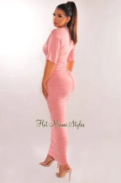 Blush Short Sleeve Cut Out Ruched Maxi Dress