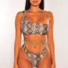 Brown Snake Print One Shoulder Jeweled Scrunch Butt Bikini