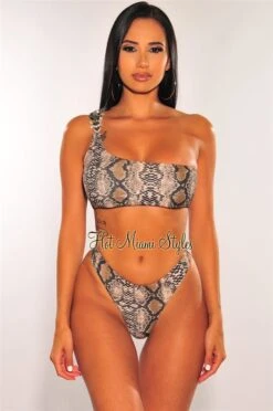 Brown Snake Print One Shoulder Jeweled Scrunch Butt Bikini