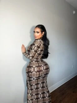 Brown Snake Print Plunge V Neck Ruffle Sleeve Maxi Dress -Miamis Style Shop brown snake print plunge v neck ruffle sleeve maxi dress hot miami styles 435837