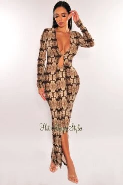 Brown Snake Print Plunge V Neck Ruffle Sleeve Maxi Dress