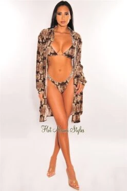 Brown Snake Print Silky Collared Button Down Shirt Cover Up 6 Brown Snake Print Silky Collared Button Down Shirt Cover Up -Miamis Style Shop brown snake print silky collared button down shirt cover up hot miami styles 229284