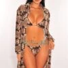 Brown Snake Print Silky Collared Button Down Shirt Cover Up