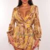 Brown Yellow Snake Print Cut Out Long Sleeve Romper