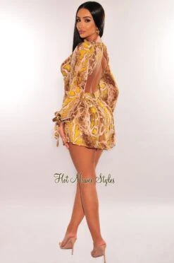 Brown Yellow Snake Print Cut Out Long Sleeve Romper -Miamis Style Shop brown yellow snake print cut out long sleeve romper hot miami styles 746499