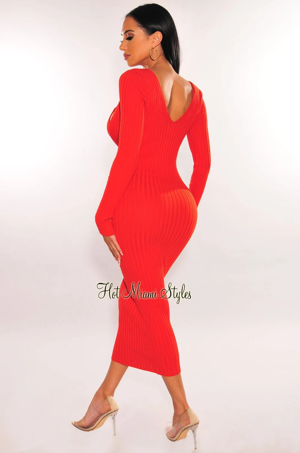 Burnt Orange Ribbed Knit Plunge Neck Long Sleeve Midi Dress + Bralette 2 Burnt Orange Ribbed Knit Plunge Neck Long Sleeve Midi Dress + Bralette - Image 2