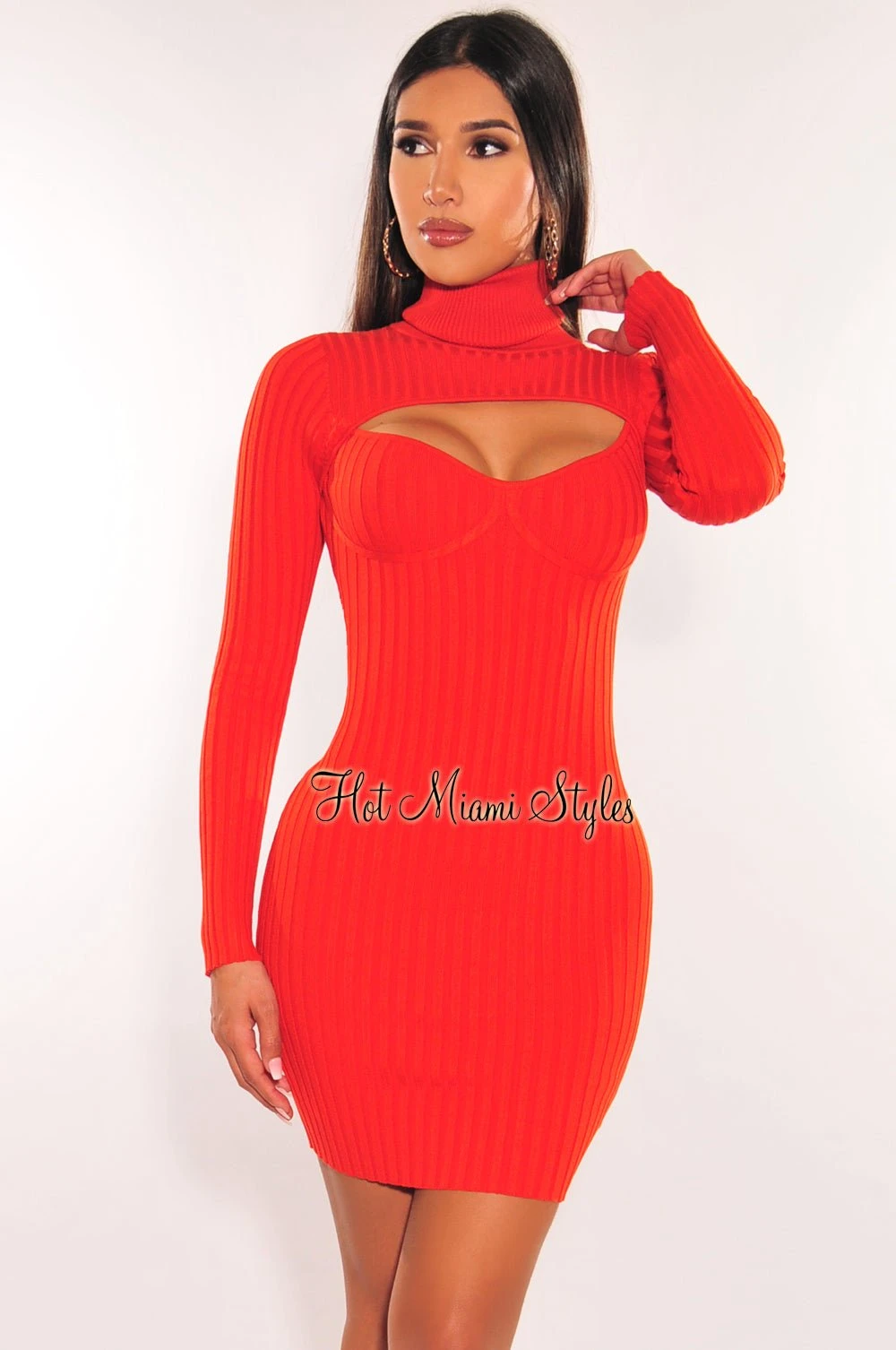 Burnt Orange Ribbed Knit Turtle Neck Long Sleeve Cut Out Dress 1 Burnt Orange Ribbed Knit Turtle Neck Long Sleeve Cut Out Dress
