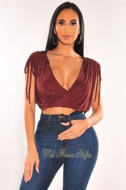 Burnt Toffee V Neck Draped Ruched Sleeveless Crop Top