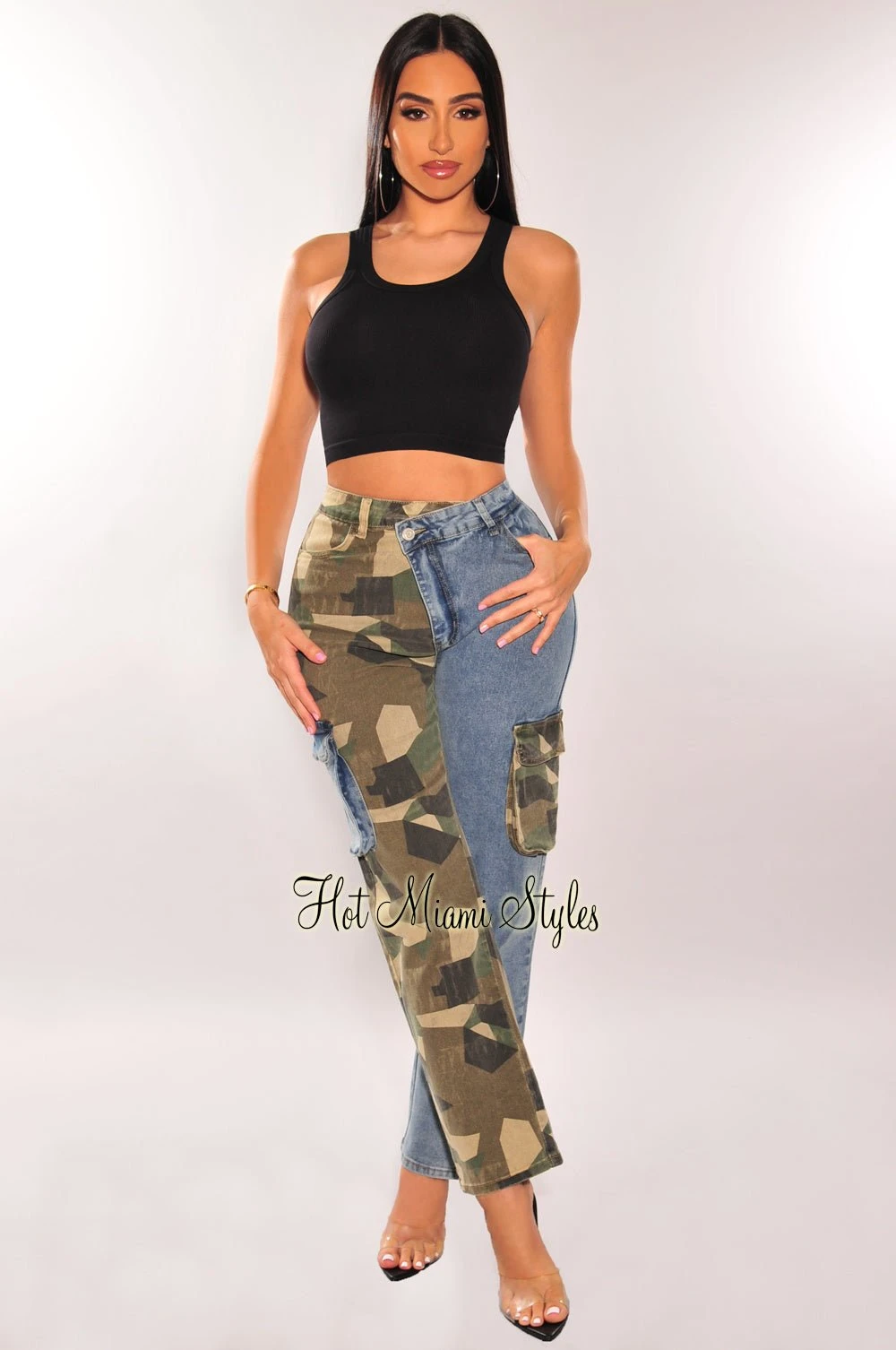 Camo Denim Two Tone Cargo Pocket Wide Leg Jeans 1 Camo Denim Two Tone Cargo Pocket Wide Leg Jeans