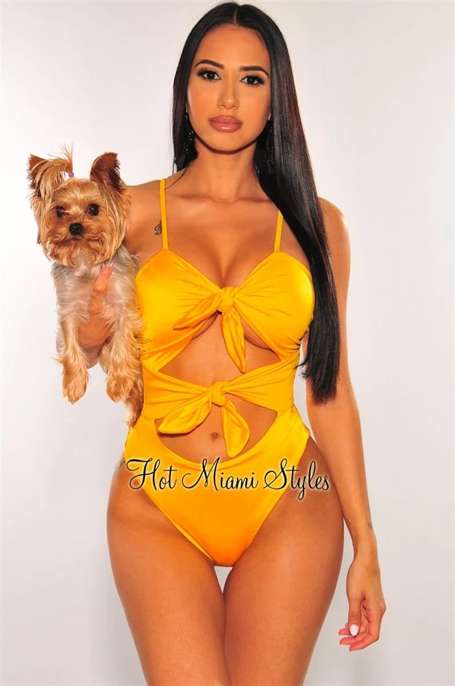 Canary Yellow Double Tie Up Cut Out Swimsuit 2 Canary Yellow Double Tie Up Cut Out Swimsuit - Image 2