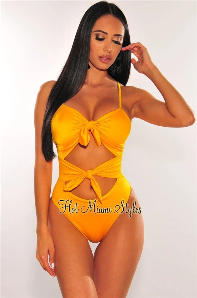 Canary Yellow Double Tie Up Cut Out Swimsuit 3 Canary Yellow Double Tie Up Cut Out Swimsuit - Image 3
