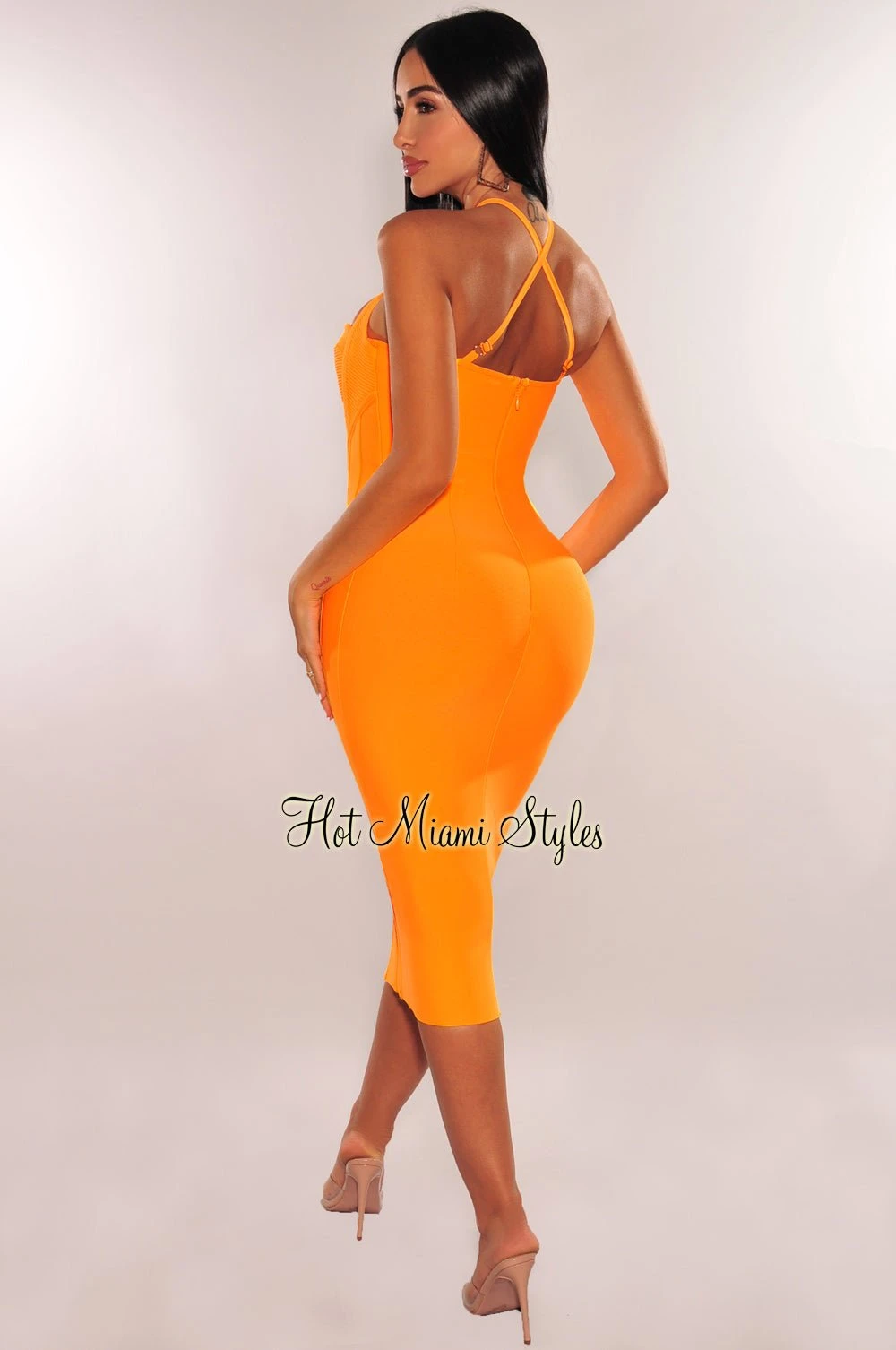 Canary Yellow Ribbed Bandage Padded Spaghetti Straps Corset Underwire Midi Dress 2 Canary Yellow Ribbed Bandage Padded Spaghetti Straps Corset Underwire Midi Dress - Image 2