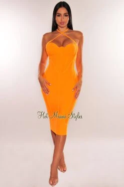 Canary Yellow Ribbed Bandage Padded Spaghetti Straps Corset Underwire Midi Dress