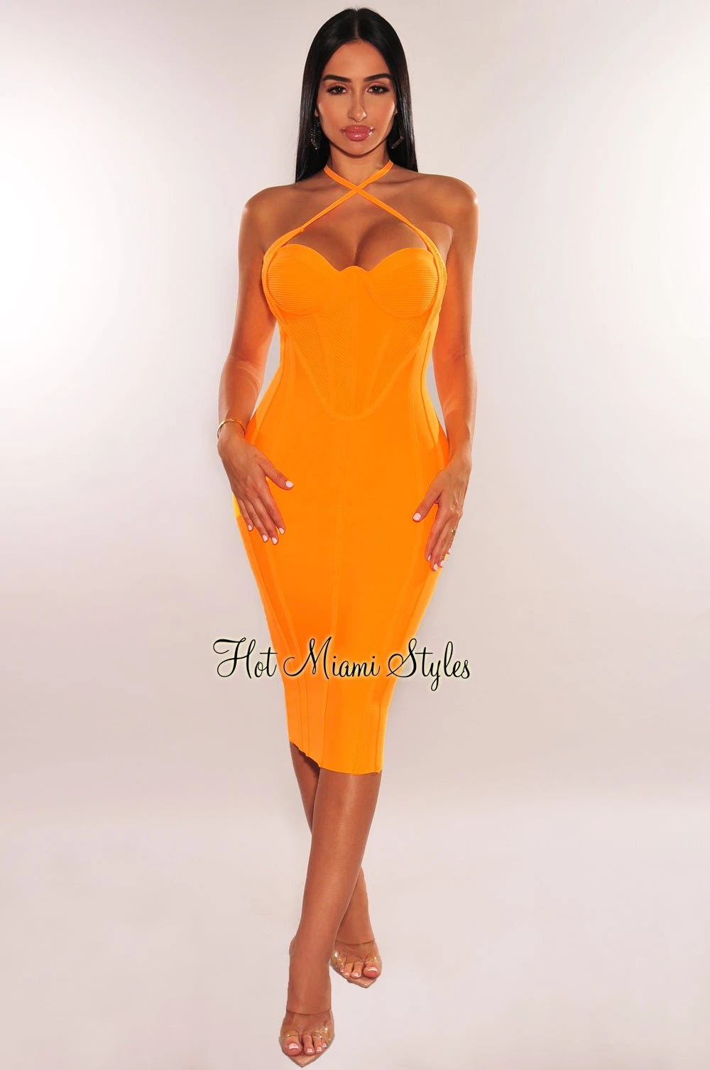 Canary Yellow Ribbed Bandage Padded Spaghetti Straps Corset Underwire Midi Dress 1 Canary Yellow Ribbed Bandage Padded Spaghetti Straps Corset Underwire Midi Dress