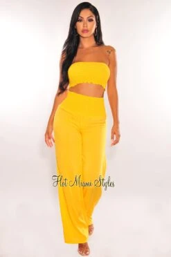 Canary Yellow Smocked Bandeau Palazzo Pants Two Piece Set
