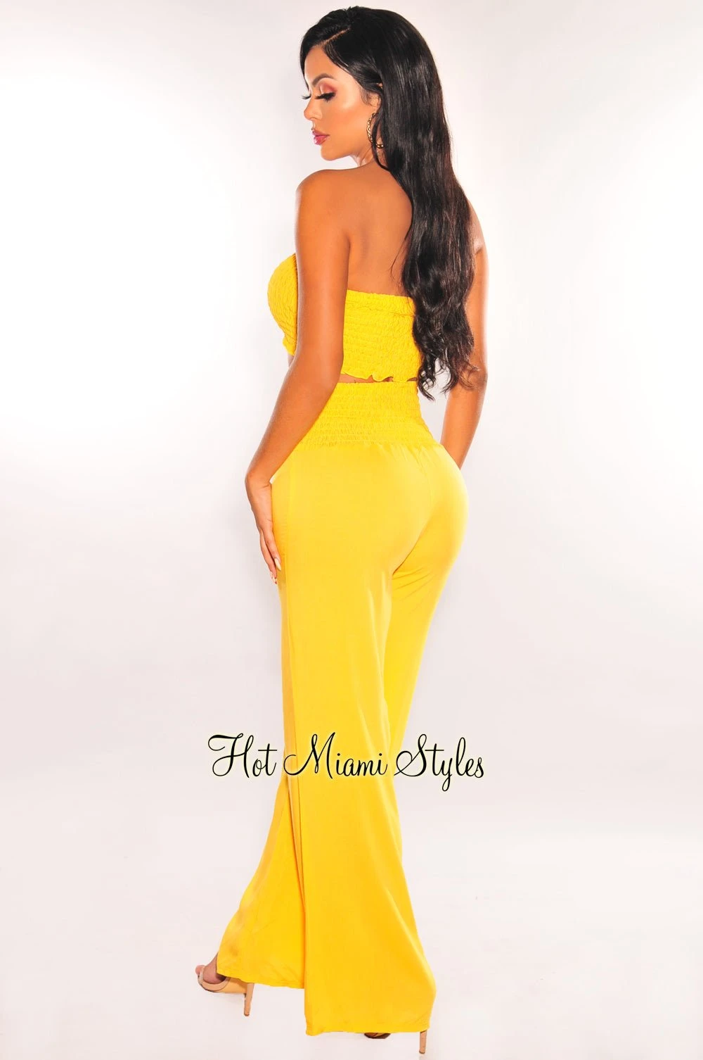 Canary Yellow Smocked Bandeau Palazzo Pants Two Piece Set 2 Canary Yellow Smocked Bandeau Palazzo Pants Two Piece Set - Image 2
