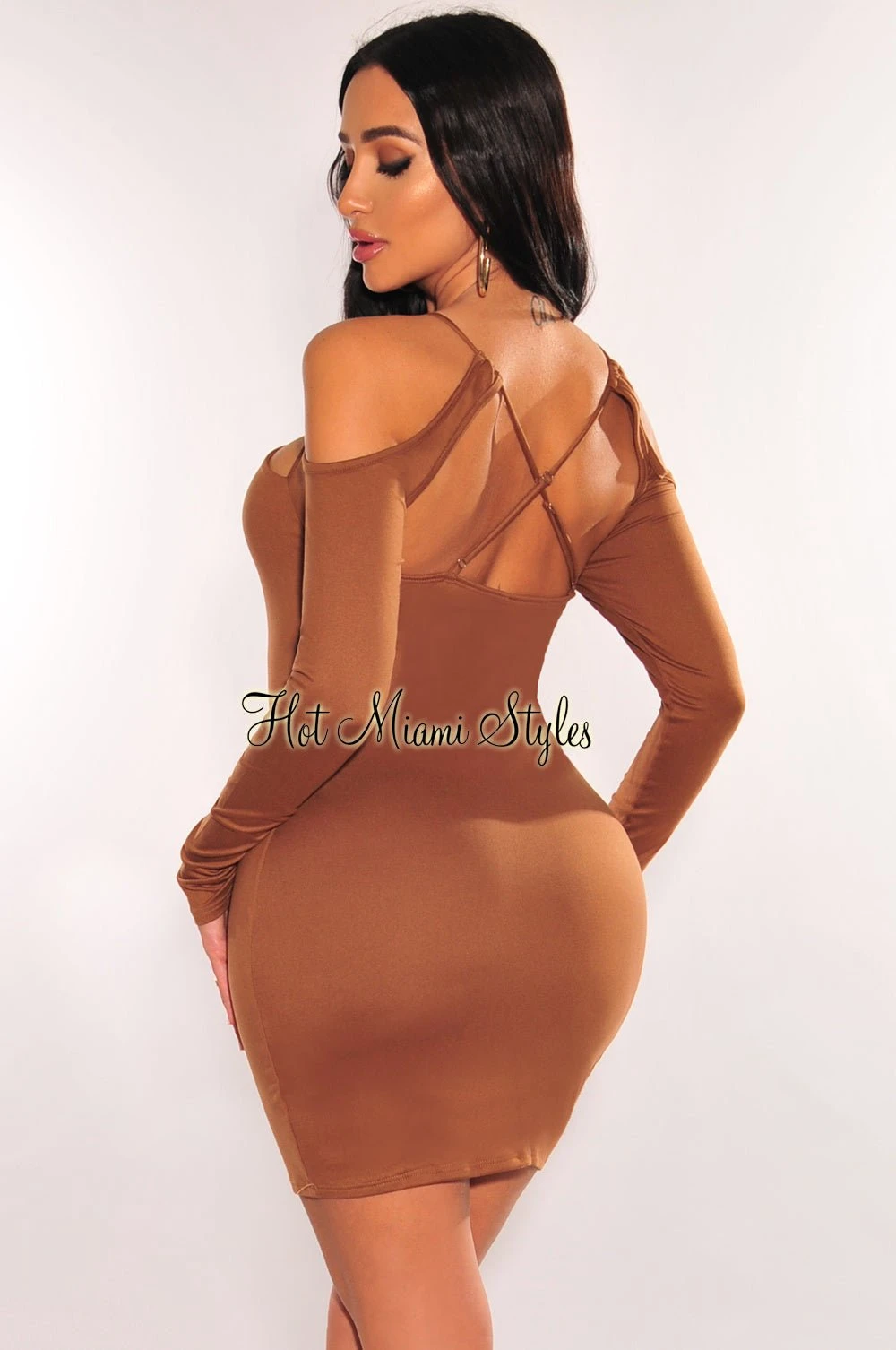 Caramel Cut Out CrissCross Long Sleeve Mini Dress 2 Caramel Cut Out CrissCross Long Sleeve Mini Dress - Image 2