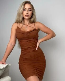 Caramel Mesh Elastic Straps Ruched Dress -Miamis Style Shop caramel mesh elastic straps ruched dress hot miami styles 642819