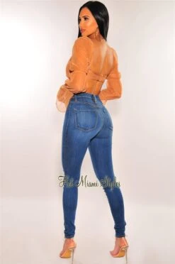 Caramel Mesh Long Sleeves Bustier Crop Top -Miamis Style Shop caramel mesh long sleeves bustier crop top hot miami styles 195161