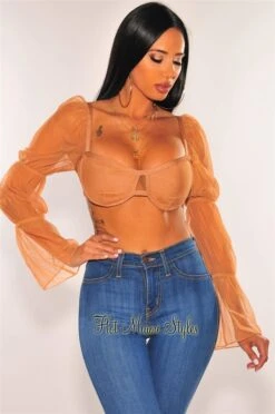Caramel Mesh Long Sleeves Bustier Crop Top
