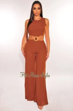 Caramel Sleeveless Cut Out Belted Palazzo Jumpsuit