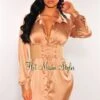 Champagne Satin Collared Button Down Belted Shirt Dress
