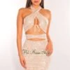 Champagne Sequins Halter CrissCross Cut Out Ruched Dress