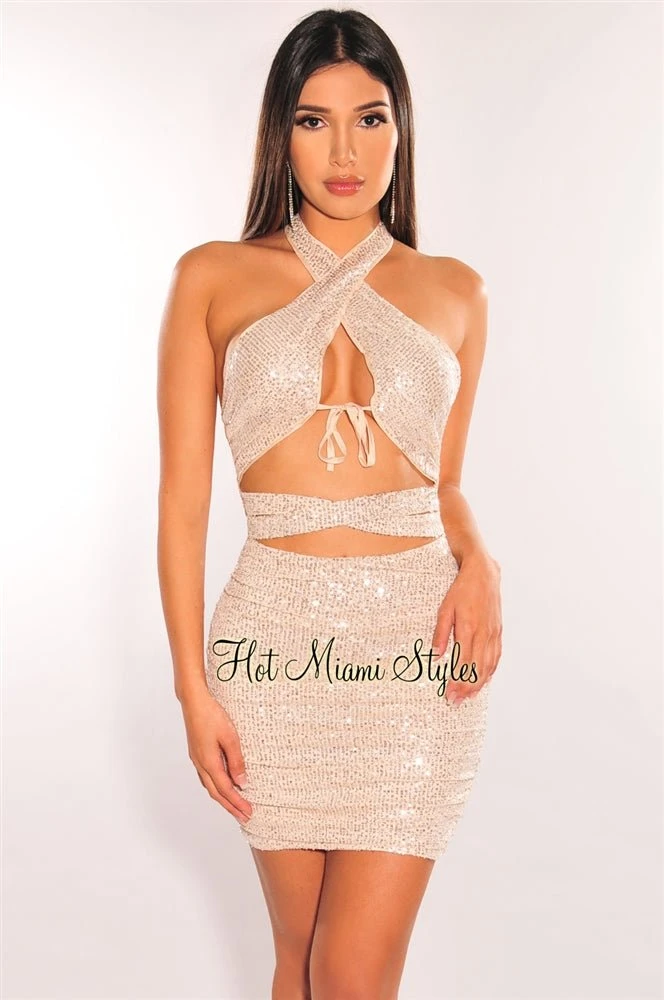 Champagne Sequins Halter CrissCross Cut Out Ruched Dress 1 Champagne Sequins Halter CrissCross Cut Out Ruched Dress