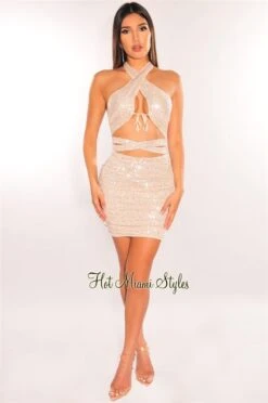 Champagne Sequins Halter CrissCross Cut Out Ruched Dress 6 Champagne Sequins Halter CrissCross Cut Out Ruched Dress -Miamis Style Shop champagne sequins halter crisscross cut out ruched dress hot miami styles 578441