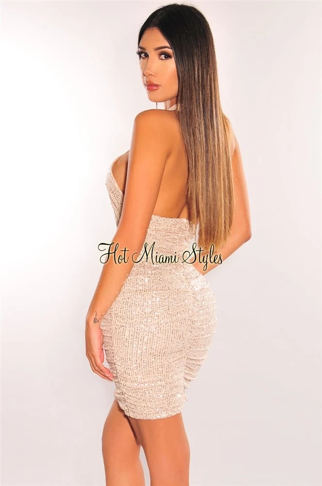 Champagne Sequins Halter CrissCross Cut Out Ruched Dress 2 Champagne Sequins Halter CrissCross Cut Out Ruched Dress - Image 2