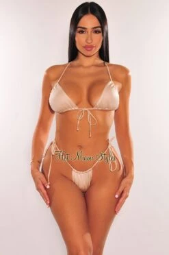 Champagne Shimmery Criss Cross Tie Up Sides Thong Bikini