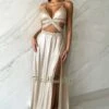 Champagne Shimmery Spaghetti Straps Braided Cut Out Slit Maxi Dress