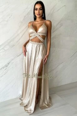 Champagne Shimmery Spaghetti Straps Braided Cut Out Slit Maxi Dress