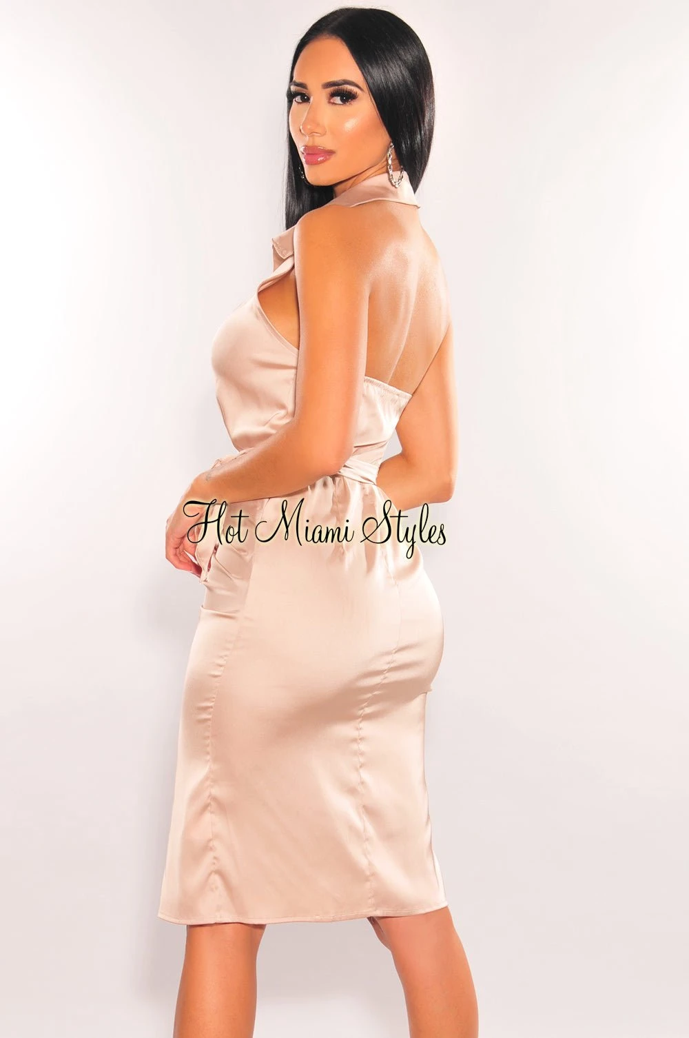 Champagne Silky Collared Open Back Belted Ruched Dress 2 Champagne Silky Collared Open Back Belted Ruched Dress - Image 2
