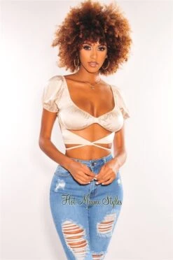 Champagne Silky Knotted Cut Out Wrap Around Crop Top