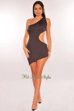 Charcoal Knotted One Shoulder Button Cut Out Asymmetrical Dress -Miamis Style Shop charcoal knotted one shoulder button cut out asymmetrical dress hot miami styles 211050