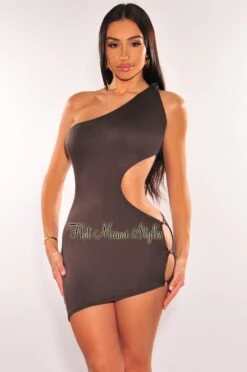 Charcoal Knotted One Shoulder Button Cut Out Asymmetrical Dress