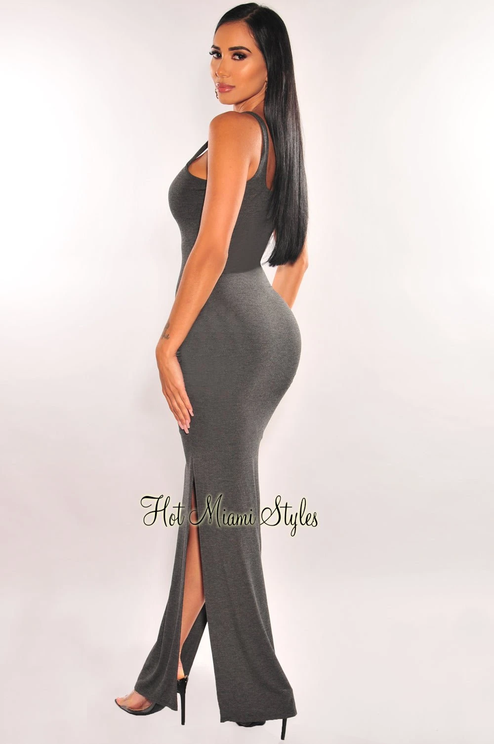 Charcoal Ruched Sides Slit Maxi Dress 2 Charcoal Ruched Sides Slit Maxi Dress - Image 2