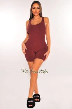 Chocolate Brown Ribbed Knit Sleeveless Romper -Miamis Style Shop chocolate brown ribbed knit sleeveless romper hot miami styles 454605