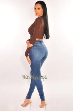 Chocolate Collared Long Sleeve Snap Button Ruched Crop Top -Miamis Style Shop chocolate collared long sleeve snap button ruched crop top hot miami styles 124358