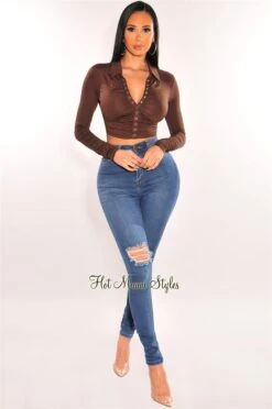 Chocolate Collared Long Sleeve Snap Button Ruched Crop Top -Miamis Style Shop chocolate collared long sleeve snap button ruched crop top hot miami styles 312996