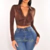Chocolate Collared Long Sleeve Snap Button Ruched Crop Top