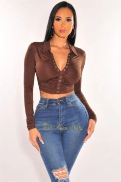 Chocolate Collared Long Sleeve Snap Button Ruched Crop Top