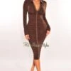 Chocolate Collared Long Sleeve Snap Button Up Ruched Midi Dress