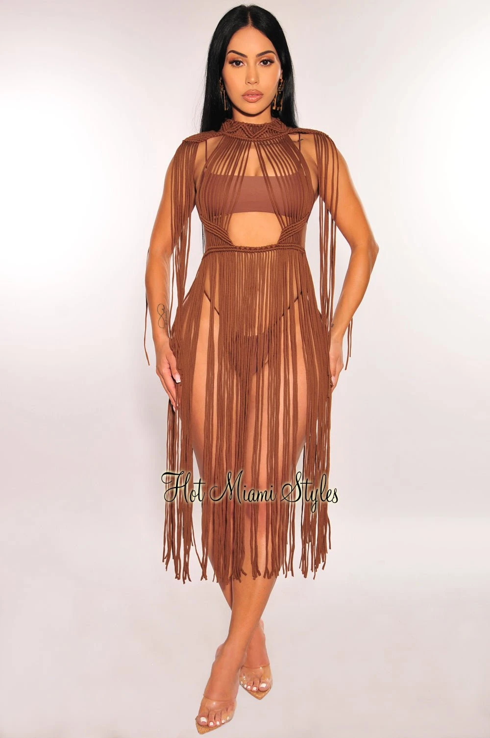 Chocolate Crochet Cape Sleeves Fringe Cover Up Dress 1 Chocolate Crochet Cape Sleeves Fringe Cover Up Dress