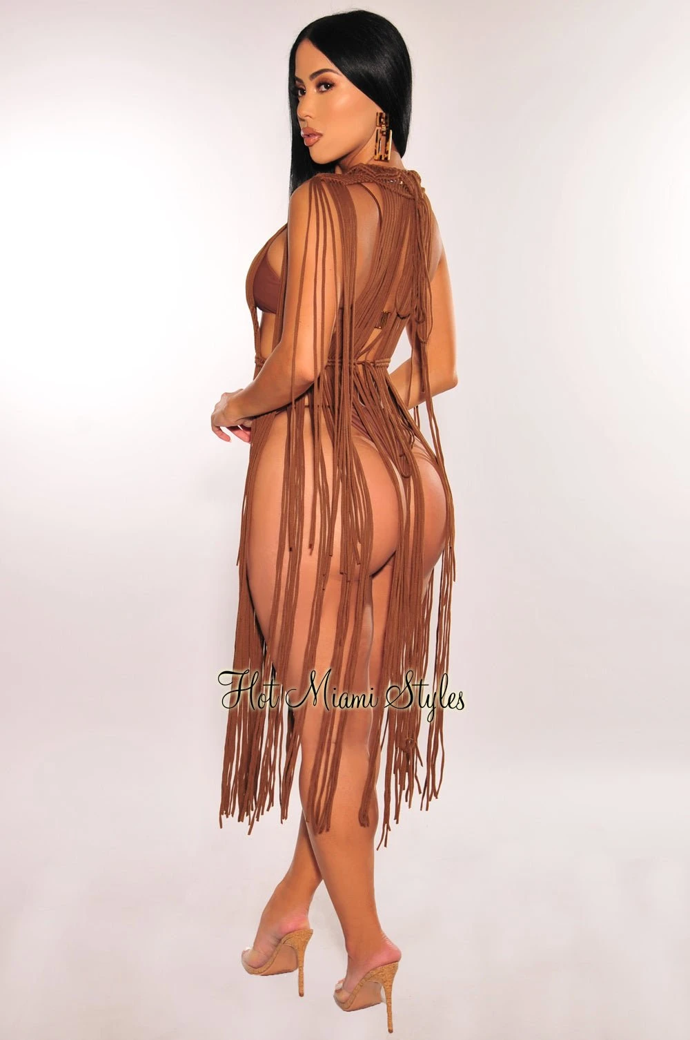 Chocolate Crochet Cape Sleeves Fringe Cover Up Dress 2 Chocolate Crochet Cape Sleeves Fringe Cover Up Dress - Image 2