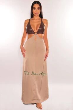 Chocolate Faux Leather Latte Silk Sleeveless O-Ring Cut Out Maxi Dress