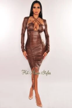 Chocolate Faux Leather Underwire Halter Drawstring Ruched Long Sleeve Dress